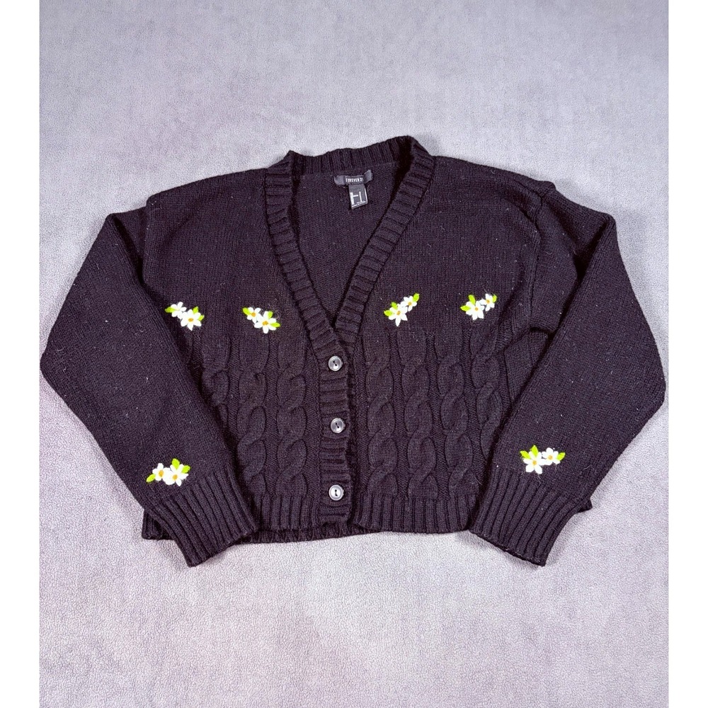Forever 21 Cardigan Sweater Women Small Black Cable Knit Embroidered Floral Crop
